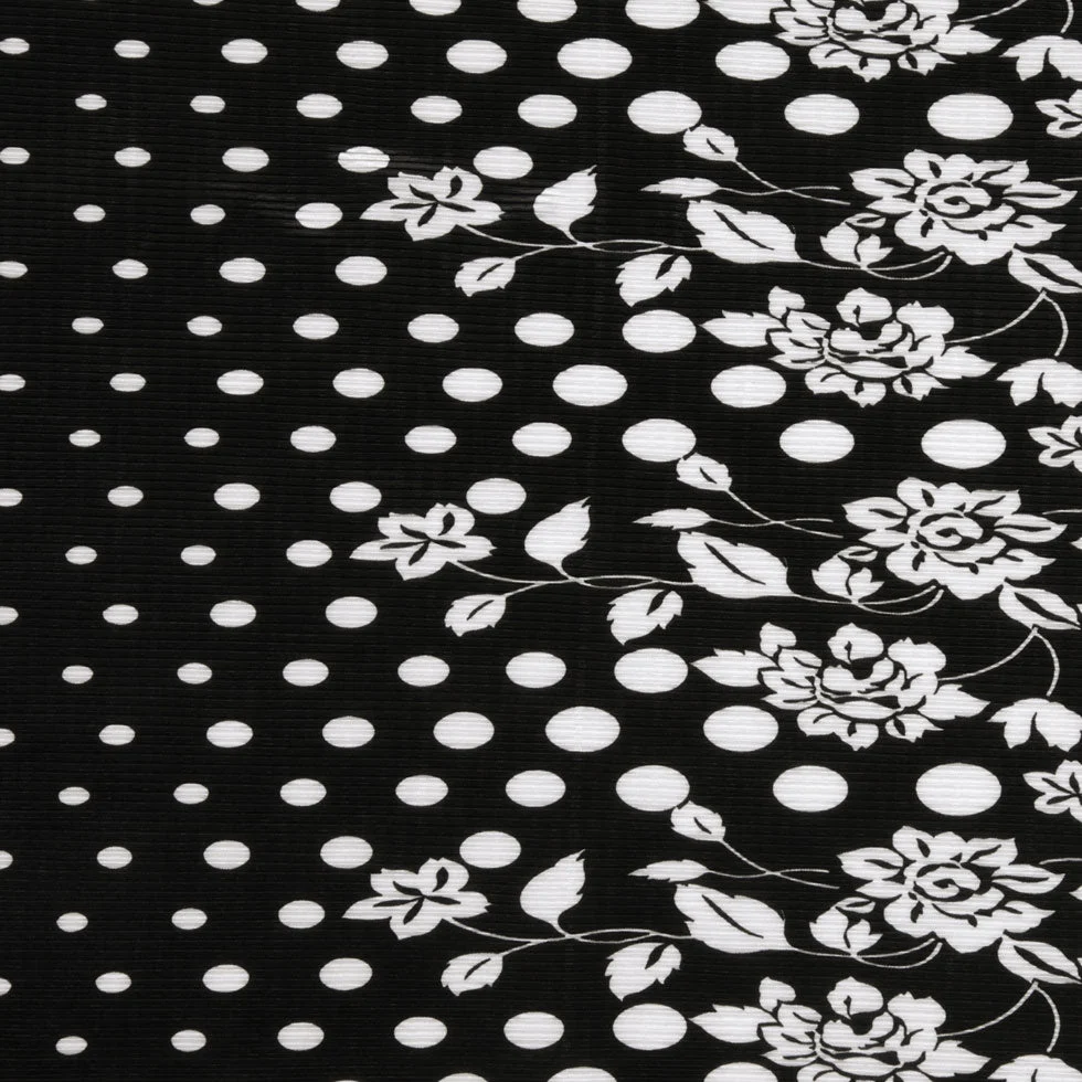 Black and White Polka Dots and Floral Stretch Plisse