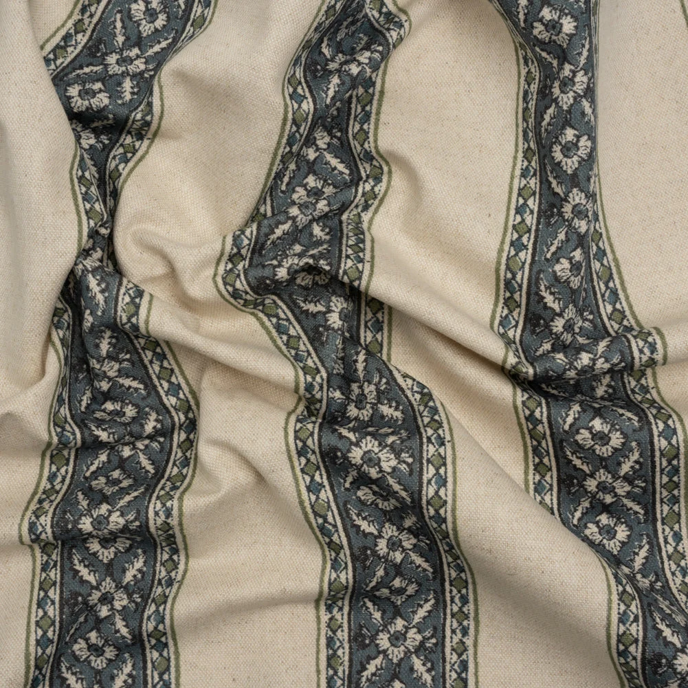 Brushed Cotton and Linen Canvas - Indigo Flowers and Diamonds Stripes - British Imported