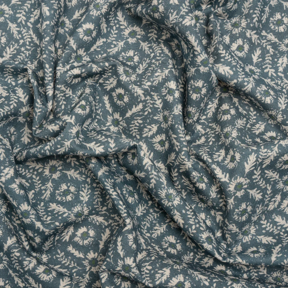 Brushed Cotton and Linen Canvas - Indigo Flowers and Leaves - Flowers and Leaves British Imported