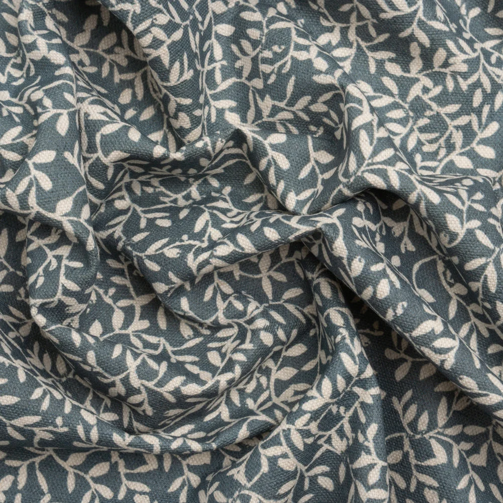 Brushed Cotton and Linen Canvas - Indigo Little Vines - British Imported