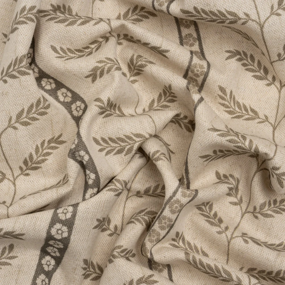 Brushed Cotton and Linen Canvas - Jute Fern Leaves and Flower Stripes - British Imported