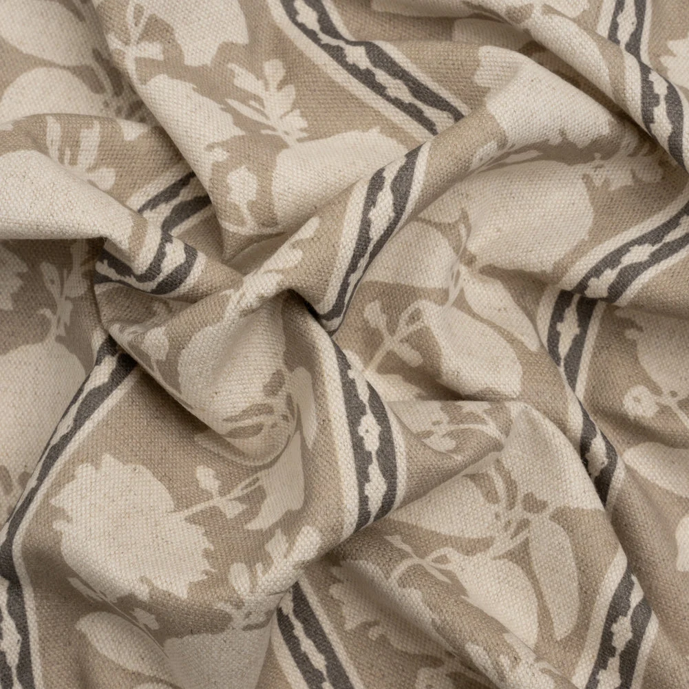 Brushed Cotton and Linen Canvas - Jute Floral Silhouette Stripes - British Imported