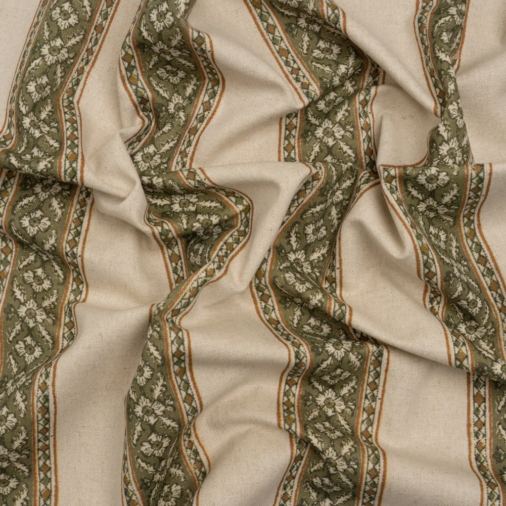 Brushed Cotton and Linen Canvas - Oregano Flowers and Diamonds Stripes - British Imported